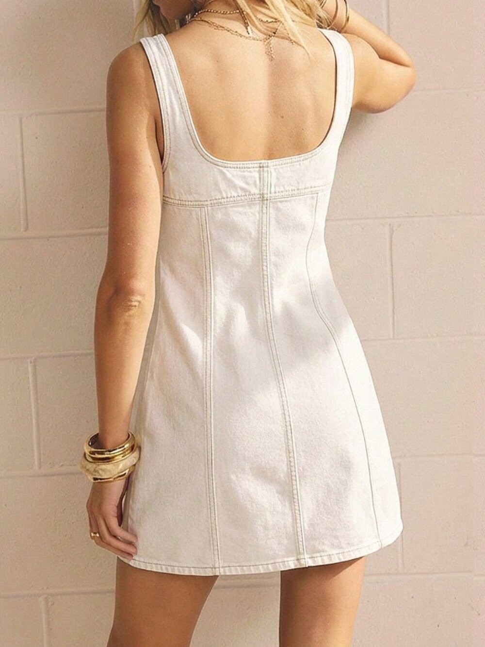 White Casual Women's Single-Breasted Sleeveless Denim Dress - Picture 2 of 9